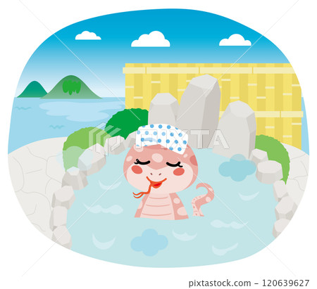 A snake bathing in an open-air bath with a view of the ocean 120639627