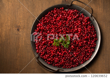 A vintage tray full of lingonberries with a green twig on a wooden background 120639652