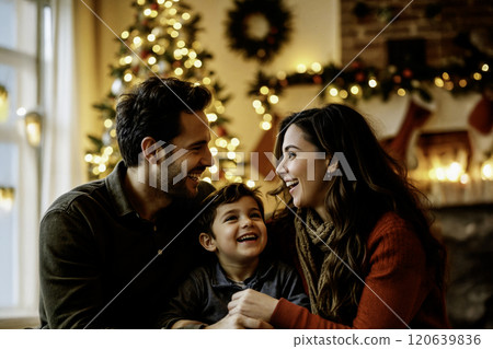 Happy family enjoying festive Christmas moments at home 120639836