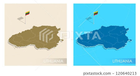 Lithuania country flag installed on geographic positioning map point of country territory. Lithuanian commonwealth banner on land and sea. Festive patriotic HD format template for independence day Lithuania country flag installed on geographic positioning map point of country territory. Lithuanian commonwealth banner on land and sea. Festive patriotic HD format template for independence day 120640213