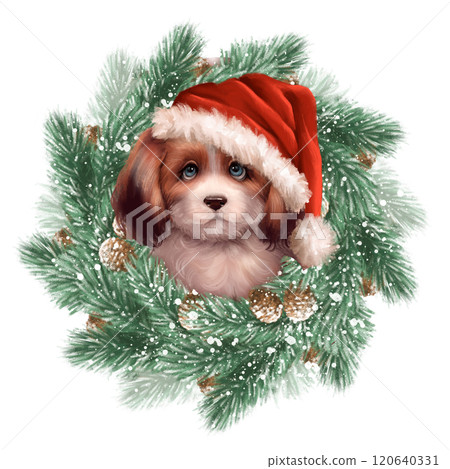 Cute dog in Santa hat. Christmas illustration with fir branches. 120640331