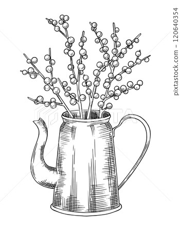 bouquet of Christmas branches in a vintage jug. vector illustration in sketch style. christmas core 120640354