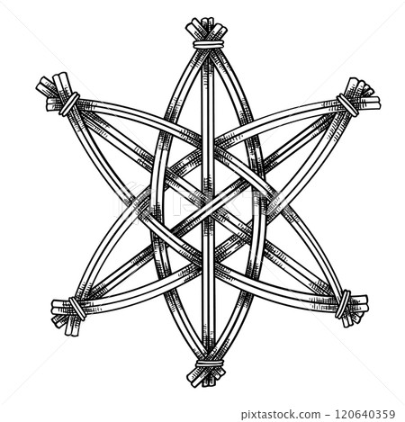 Eco-friendly Christmas decoration, star woven from straw and branches. vector illustration in sketch style. christmas core Eco-friendly Christmas decoration, star woven from straw and branches. vector illustration in sketch style. christmas core 120640359