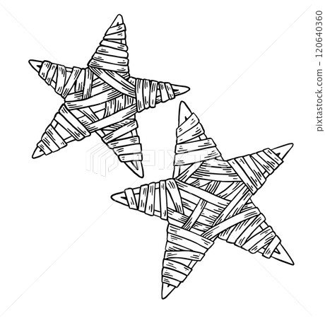 Eco-friendly Christmas decoration, star woven from straw and branches. vector illustration in sketch style. christmas core 120640360