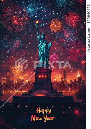 Happy New Year with Statue of Liberty and fireworks in New York 120640558