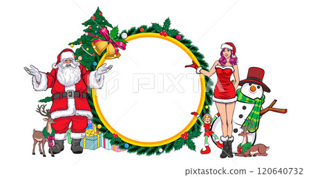 merry christmas santa and snowman elf with Christmas girl in red dress in pop art comic style 120640732