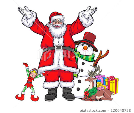 merry christmas santa and snowman reindeer elf in pop art comic style merry christmas santa and snowman reindeer elf in pop art comic style 120640738