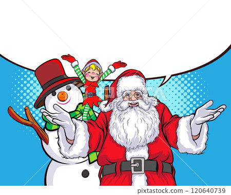 merry christmas santa and snowman reindeer elf in pop art comic style 120640739