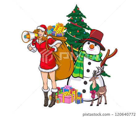 merry christmas santa and snowman elf with Christmas girl in red dress in pop art comic style 120640772