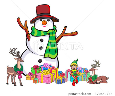merry christmas santa snowman reindeer elf with Christmas girl in red dress in pop art comic style 120640778