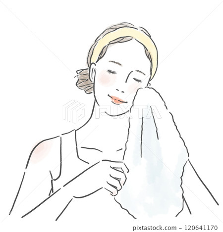 Upper body of a young woman wiping her face with a towel Upper body of a young woman wiping her face with a towel 120641170