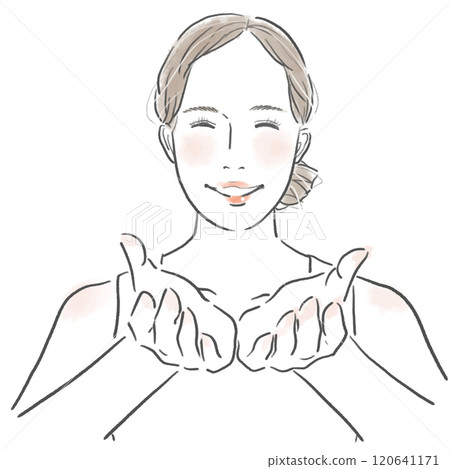Upper body of a smiling young woman with her hands raised 120641171