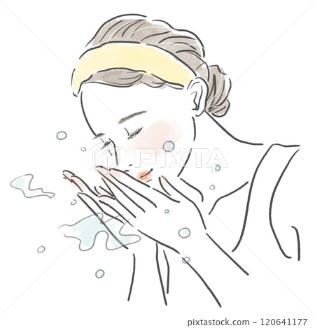 Upper body of a woman washing her face with water 120641177
