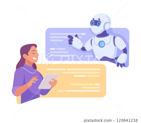 Robot Character Interact with Woman as Smart Android Assistant Machine Vector Illustration Robot Character Interact with Woman as Smart Android Assistant Machine Vector Illustration 120641238