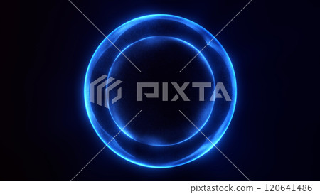 Blue magic energy orb of shiny plasma on a dark background. Glowing sphere surrounded by vibrating energy waves against a digital sci fi futuristic technology space backdrop. 120641486