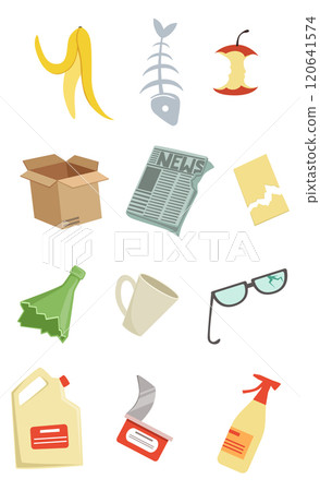 Garbage rubbish trash waste. A collection of various objects, including a banana, a box, a newspaper, a cup Garbage rubbish trash waste. A collection of various objects, including a banana, a box, a newspaper, a cup 120641574