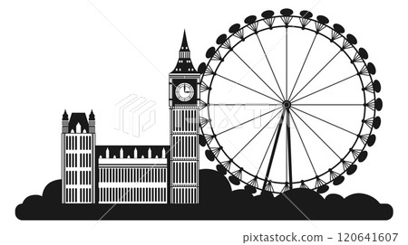 A black and white drawing of London with the Big Ben clock tower 120641607