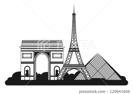 A black and white drawing of Paris with the Eiffel Tower and the Arc de Triomphe A black and white drawing of Paris with the Eiffel Tower and the Arc de Triomphe 120641608