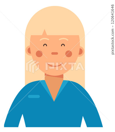 A woman with blonde hair and a blue shirt is smiling 120641646