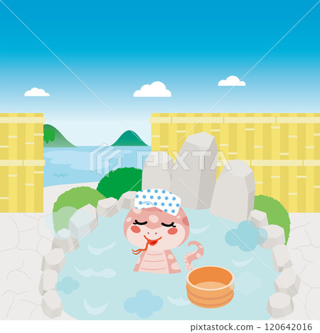 A snake bathing in an open-air bath with a view of the ocean 120642016