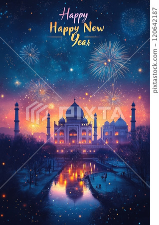 與世界地標和煙火慶祝新年快樂 與世界地標和煙火慶祝新年快樂 120642187