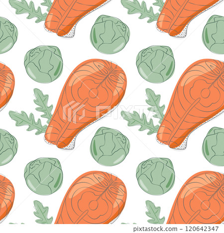 Salmon steaks, brussels sprout heads and arugula leaves Seamless Pattern Healthy eating background Salmon steaks, brussels sprout heads and arugula leaves Seamless Pattern Healthy eating background 120642347