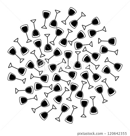 Shot glass for alcoholic drinks in minimalistic style. Black and white Round background or wallpaper Shot glass for alcoholic drinks in minimalistic style. Black and white Round background or wallpaper 120642355