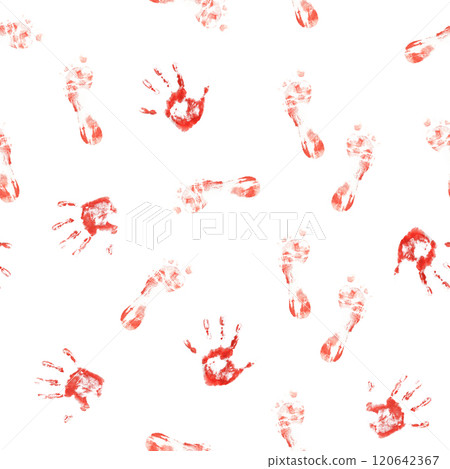 Red Handprints and Footprints on White Background 120642367