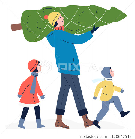 A man is carrying a Christmas tree while two children run behind him 120642512