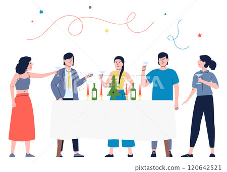 A group of people are gathered around a table with drinks and bottles A group of people are gathered around a table with drinks and bottles 120642521