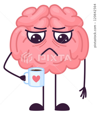 A cartoon brain holding a mug with a heart on it A cartoon brain holding a mug with a heart on it 120642564