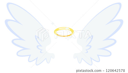 The wings of a white angel are shown with a golden circle in the center 120642578