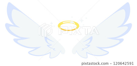 The wings of a white angel are shown with a golden circle in the center 120642591