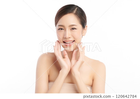 Beautiful young asian woman with clean fresh skin on white background, Face care, Facial treatment, Cosmetology, beauty and spa, Asian women portrait. Beautiful young asian woman with clean fresh skin on white background, Face care, Facial treatment, Cosmetology, beauty and spa, Asian women portrait. 120642784