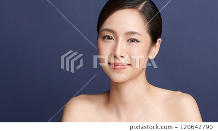 Beautiful young asian woman with clean fresh skin on blue background, Face care, Facial treatment, Cosmetology, beauty and spa, Asian women portrait. 120642790