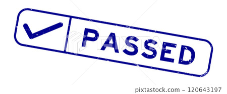 Grunge blue passed word with right check mark icon square rubber seal stamp on white background 120643197