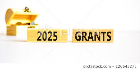 Planning 2025 grants new year symbol. Concept words 2025 Grants on beautiful wooden blocks. Beautiful white background. Wooden chest with coins. Business 2025 grants new year concept. Copy space. Planning 2025 grants new year symbol. Concept words 2025 Grants on beautiful wooden blocks. Beautiful white background. Wooden chest with coins. Business 2025 grants new year concept. Copy space. 120643275