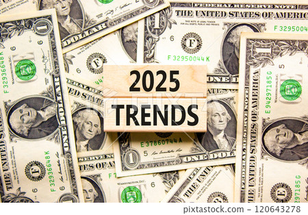 Planning 2025 trends new year symbol. Concept words 2025 Trends on beautiful wooden blocks. Dollar bills. Beautiful background from dollar bills. Business 2025 trends new year concept. Copy space. 120643278