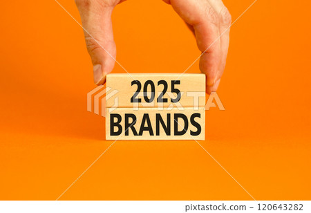 Planning 2025 brands new year symbol. Concept words 2025 Brands on beautiful wooden blocks. Beautiful orange background. Businessman hand. Business 2025 brands new year concept. Copy space. 120643282