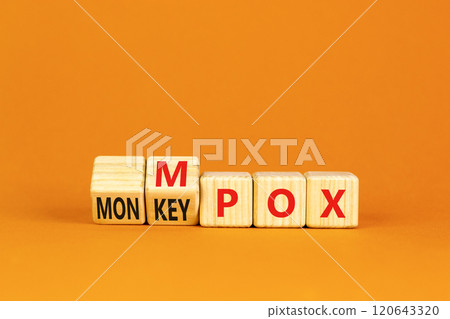 Monkey POX or Mpox symbol. Concept word Monkey POX or Mpox on wooden cubes. Beautiful orange table orange background. Medical Monkey POX or Mpox concept. Copy space. 120643320
