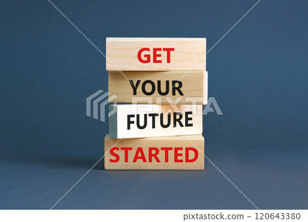 Get your future started symbol. Concept words Get your future started on beautiful wooden blocks. Beautiful grey table grey background. Business get your future started concept. Copy space. Get your future started symbol. Concept words Get your future started on beautiful wooden blocks. Beautiful grey table grey background. Business get your future started concept. Copy space. 120643380