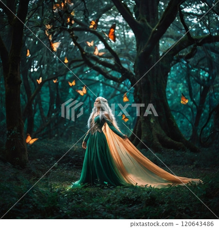 Woman in a white dress dancing in the forest 120643486