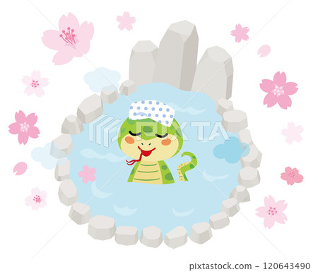 A snake bathing in an open-air bath in spring A snake bathing in an open-air bath in spring 120643490