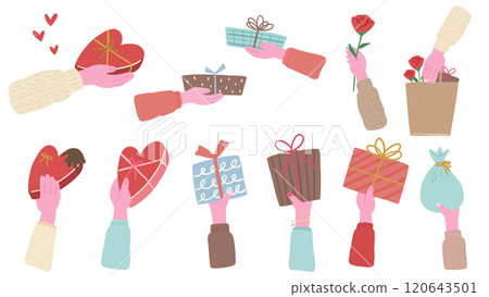 可愛的手繪插圖集，其中有手拿著禮物、情人節和派對的圖像。 120643501