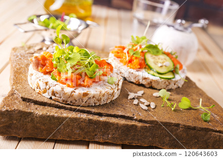 Fresh sandwiches with smoked salmon 120643603