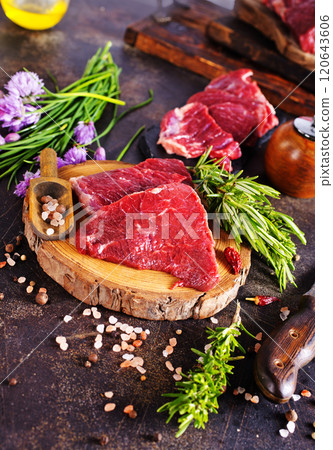 Board with fresh raw steak meat on wooden background 120643606