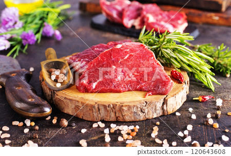 Board with fresh raw steak meat on wooden background 120643608