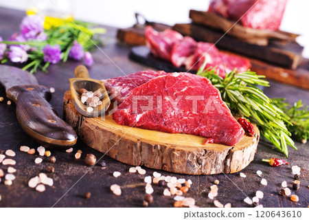 Board with fresh raw steak meat on wooden background 120643610