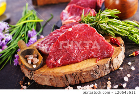Board with fresh raw steak meat on wooden background 120643611