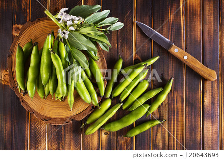 Green beans close up top view background. Green beans close up top view background. 120643693